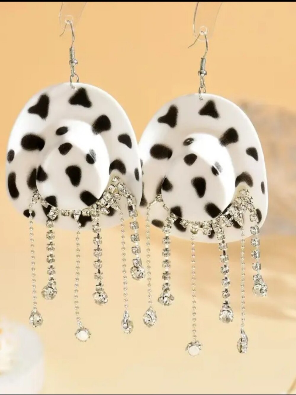 Hand Crafted Bold Black & White Western Hat Drop Earrings with Rhinestone Fringe - Picture 5 of 8